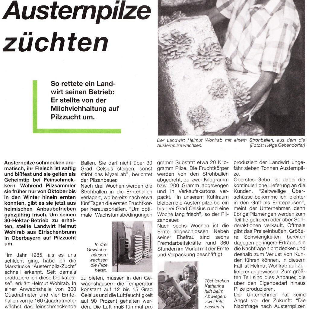 Pressebericht in der Zeitschrift "Unser Land" vom Juni 1990 über die Austernpilz-Zucht von Helmut Wohlrab